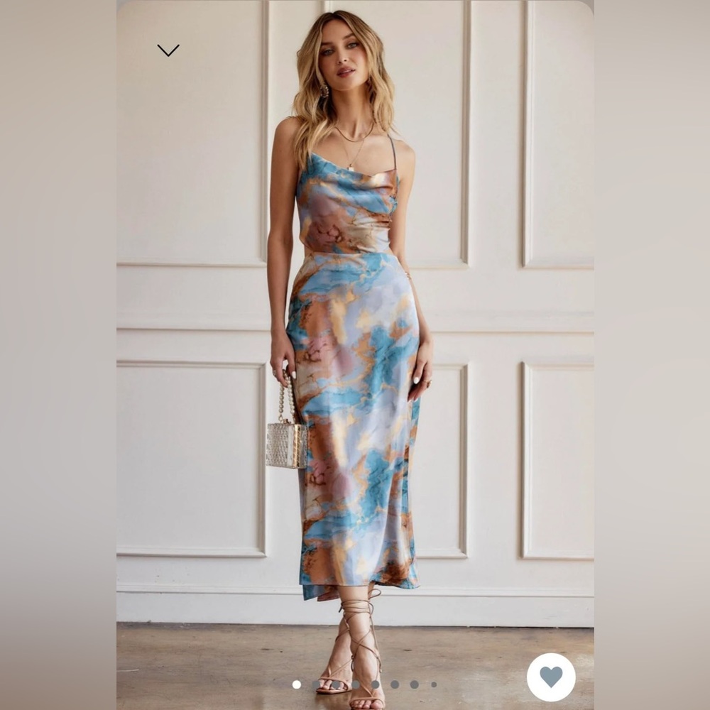 Cider Marble-Print Ruched Midi Dress in Blue, Pink & Brown